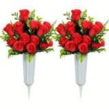 2 Set Cemetery Memorial Artificial Flower Rose Bouquet with Vase Sympathy Fake Floral Grave Funeral Decor Red