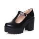 High Shoes Women's Black with Heel and Laces Women's Block High Heel Platform Shoes Ankle Strap Mary Jane Shoes Round Toe Waterproof Shoes Women, black, 2/2.5 UK