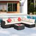 Beige 7-Piece Outdoor Rattan Sectional Sofa Set with Tempered Glass Central Dining Table