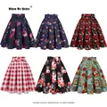 Spring Birds Animal Print Floral Skirt for Women SS0012 Navy Blue Vintage Cotton Pleated High Waist