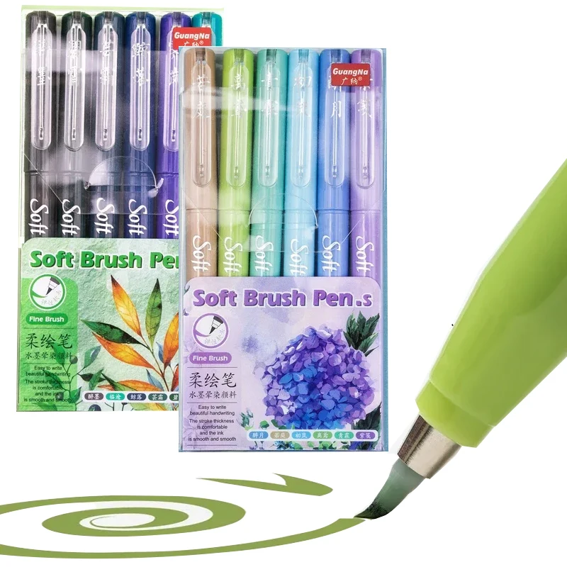 6 Stück Marker mit weicher Pinselspitze, Künstlermarker, flexible Spitze, verschiedene Farben für Journaling, Handschrift, Kalligraphie, Zeichnen Image
