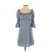 Umgee Casual Dress - A-Line Square 3/4 sleeves: Blue Floral Dresses - Women's Size Small