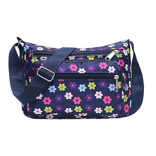 Umhängetasche für Damen mit Blumenmuster, leichte, wasserdichte Nylon-Handtasche mit mehreren Reißverschlusstaschen, lässige Reisehandtasche für den täglichen Gebrauch und den Urlaub