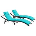 Outdoor Lounge Chairs Set 3 Pieces Adjustable Chaise Lounge with Folding Table and Cushion for Garden Poolside Beach (Blue)