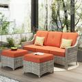 Ovios 3 Pieces Outdoor Furniture Rattan Patio Conversation Set with Ottoman for Backyard