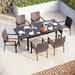 & William Outdoor Patio 7 Pieces Dining Set with 6 PE Rattan Chairs and 1 Rectangle Expandable Metal Table Modern Outdoor Furniture with Seat Cushions for Poolside Porch Patio Bal