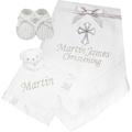 Personalised Baby White & Silver Cross Shawl Blanket, 3D Teddy Comforter & Sock Booties Gift Set