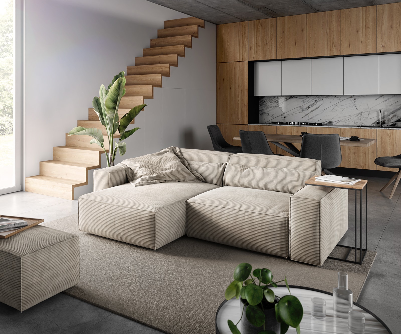 DELIFE Ecksofa Sirpio 230x150 cm Cord Beige Recamiere variabel mit Hocker, Ecksofas Image