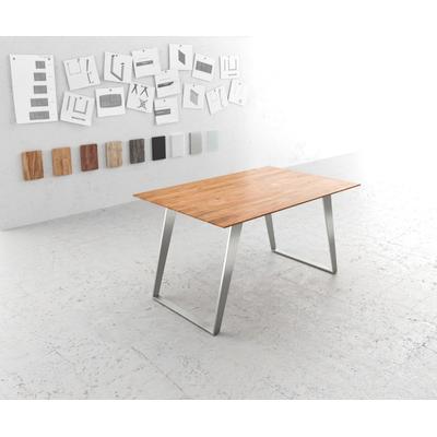DELIFE Esstisch Edge 140x90 Akazie Natur Edelstahl Schräg Schweizer Kante, Esstische Image