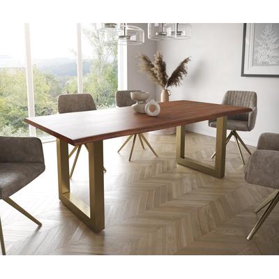DELIFE Esstisch Edge 200x100 Akazie Braun Edelstahl Gold Breit Live-Edge, Esstische, Baumkantenmöbel, Massivholzmöbel, Massivholz Image
