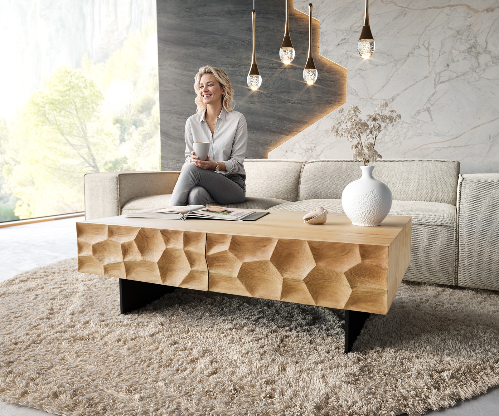 DELIFE Couchtisch Solu 120x70 cm Eiche Natur 4 Schübe Fuß schwebend Metall Schwarz 3D-Front, Couchtische