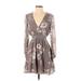 ASTR The Label Casual Dress Plunge Long sleeves: Gray Floral Motif Dresses - Women's Size X-Small