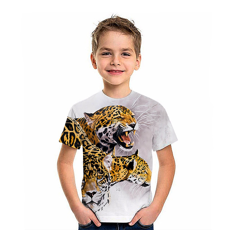 Kids Boys T shirt Tee Graphic Animal Leopard Short Sleeve Crewneck Children Top Outdoor 3D Print Sports Fashion Cool Summer White 2-13 Years