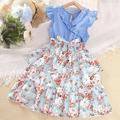 Dress Kids Girls 7-12 Years Girls' Blue Spliced Floral V-Neck Small Flying Sleeve Dress Casual Vacation Children Princess Dress