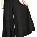 Plus Size Casual Pants, Women's Plus Solid Elastic High Rise Medium Stretch Loose Wide Leg Trousers