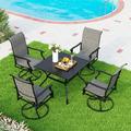 5 Pieces Patio Dining Set Square Black Metal Mesh Table with 4 Padded Textilene High Back Swivel Chairs Outdoor Furniture Set with Umbrella Hole for Garden Poolside Backyard Porch