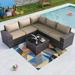 simple Outdoor Patio Furniture Set 6 Pieces Sectional Rattan Sofa Set Brown PE Rattan Wicker Patio Conversation Set with 5 Navy Blue Seat Cushions and 1 Tempered Glass Table