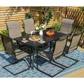 simple 5 Piece Metal Patio Armrest Dining Rocker Chairs and Larger Square Table Set 37 Square Bistro Metal Steel Slat Table and 4 C Spring Motion Textilene Metal Rocker Chairs