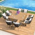 LEAF 11 Pieces Patio Dining Set Wicker Outdoor Furniture Rectangular Table and Chairs Set for Garden Deck Teak-Finish Aluminum Frame Backyard Kitchen Set Cushions and Pillows Included