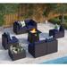 6 Pieces Outdoor Patio Furniture Set with 45 Plate Embossing Propane Fire Pit Table Outdoor Wicker Sectional Sofa Conversation Set with Blue Cushions & Coffee Table