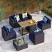6 Pieces Outdoor Patio Furniture Set with 45 Plate Embossing Propane Fire Pit Table Outdoor Wicker Sectional Sofa Conversation Set with Blue Cushions & Coffee Table