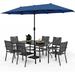 simple VILLA Outdoor 10ft Patio Umbrella Set for 4 with 5 Pieces Dining Table Chairs Metal Outdoor Stackable Wrought Iron Chair Set of 4 & 37 Metal Table 3 Tier Vented Dark Blue