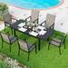 simple Patio Dining Set for 6 Rectangular Expandable Black Metal Table with 6 Padded Textilene Fabric Chairs Outdoor Furniture Set for Garden Poolside Backyard Porch