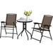 3 Pieces Patio Bistro Set Outdoor Folding Chairs & Table Set with Tempered Glass Tabletop Round Table & 2 Foldable Chairs Small Outdoor Furniture Set for Garden Poolside & Backyard