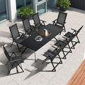 LEAF 9 Pieces Outdoor Patio Dining Set with 8 Folding Portable Chairs and 1 Rectangle Aluminum Table Foldable Adjustable High Back Reclining Chairs with Soft Cotton-Padded Seat Grey