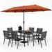 simple VILLA Outdoor 10ft Patio Umbrella Set for 4 with 5 Pieces Dining Table Chairs Metal Outdoor Stackable Wrought Iron Chair Set of 4 & 37 Metal Table 3 Tier Vented Dark Blue