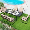 simple Patio Dining Set for 4 Outdoor Furniture Square Bistro Table with 1.57 Umbrella Hole 4 Spring Motion Chairs with Cushion Beige for Backyard Garden Lawn