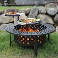 36 Inch Fire Pit with 2 Grills Wood Burning Fire Pits for Outside with Lid Poker and Round Waterproof Cover BBQ& Outdoor Firepit & Round Metal Table 3 in 1 for Patio Picnic Party
