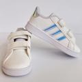 Adidas Shoes | Adidas White & Iridescent Grand Court Toddler Shoes Sneakers Slip-On Size 9k New | Color: Blue/White | Size: 9k
