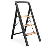 3 Step Ladder Aluminum Folding Step Stool,Lightweight Woodgrain Finish Ladders Sturdy Anti-Slip Portable Collapsible Step Stool