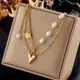 OIMG 316L Stainless Steel Gold Plated Temperament Imitation Pearl Heart Double Layer Necklace For