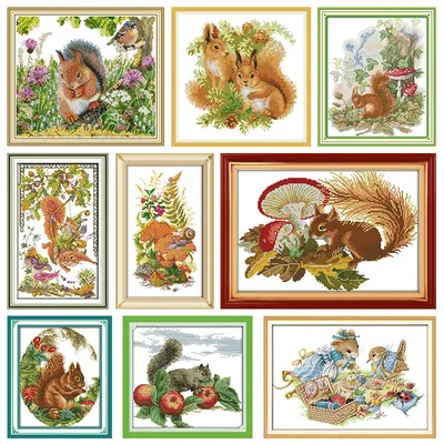 Joy Sunday Counted Fabric Embroidery Needlework Cross Stitch Kits A Squirreland Mushrooms Stamped Thread 11CT 14CT Printed Craft