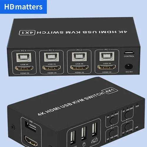 Commutateur HDMI KVM 4K 60Hz 4 ports USB KVM HDMI sélecteur de commutateur USB 2.0 et HDMI 2.0 commutateur KVM HDR pour souris, clavier, moniteur