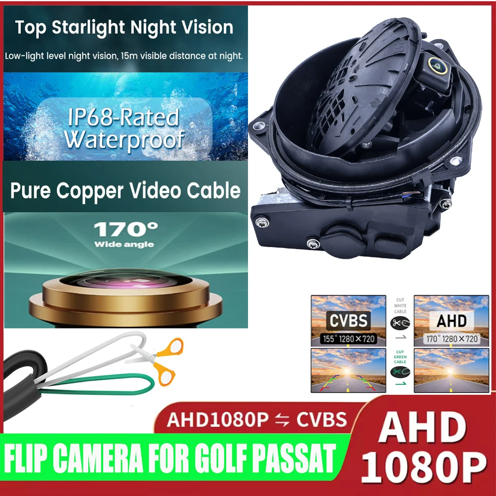 170 Grad AHD 1080P oder CVBS Abzeichen Flip Emblem Rückfahrkamera für Golf Polo CC Beetle Magotan B6 B7L B8 EOS T-roc Passat R Auto Image