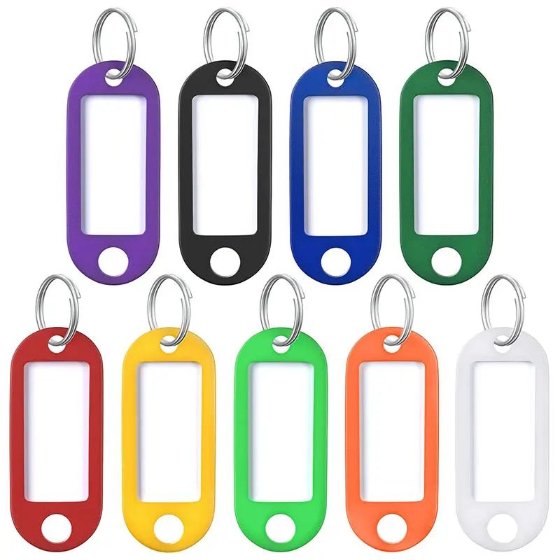 Étiquettes de porte-clés en plastique de couleurs mélangées, 10 pièces, avec étiquettes en papier vierge, porte-clés fendu, bricolage, fabrication d'étiquette d'identification de bagages numérotée