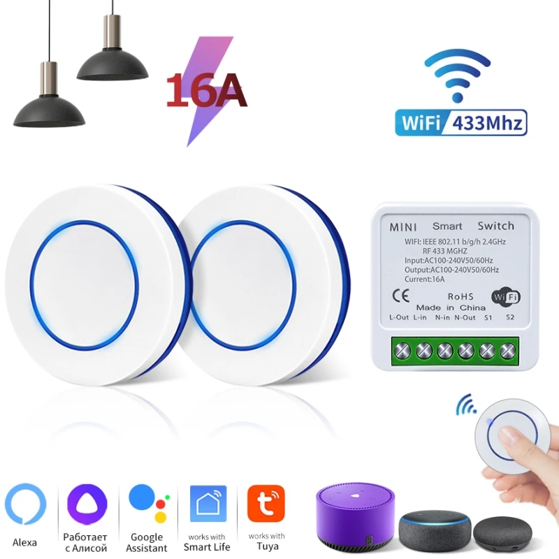 16A Tuya Smart Switch RF433 + WiFi Relais Empfänger Mini Wireless Panel Schalter Fernbedienung Alexa Google Hause Für Led lampe Image