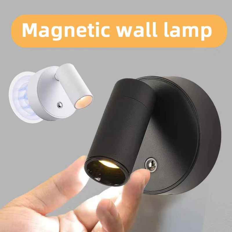 USB wiederaufladbare kabellose LED-Wandleuchte mit Magnetfuß und Touch-Schalter, schwarz-weißer Magnet, dimmbare Nachttischlampe zum Lesen
