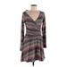 Isle Apparel Casual Dress - A-Line Plunge Long sleeves: Brown Print Dresses - Women's Size Medium