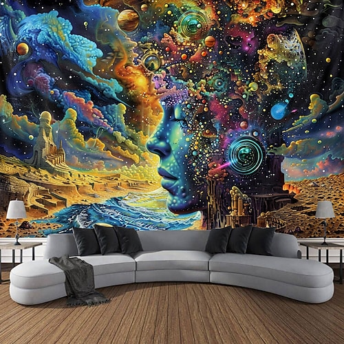 Schwarzlicht Wandteppich UV reaktiv im Dunkeln leuchtend Party Neon Frau Fantasiewelt psychedelisch trippig neblig hängender Wandteppich Wandbild für Wohnzimmer Schlafzimmer Image
