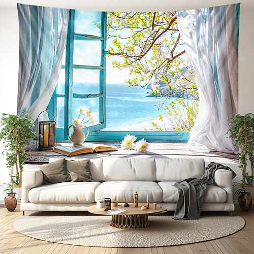 Fensteransicht Strand hängen Wandteppich Wandkunst große Wandteppich Wandbild Dekor Fotografie Hintergrund Decke Vorhang Haus Schlafzimmer Wohnzimmer Dekoration Ozean Sommer Wandtuch XXL Natur Image