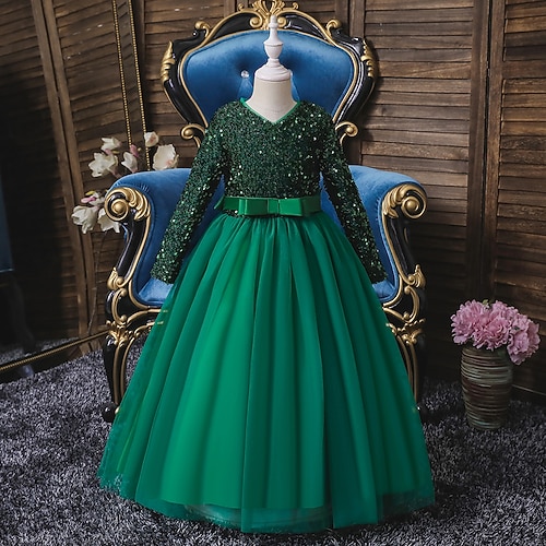 Blumenmädchenkleid Mädchen Kleid Party Kleid Leistung Hochzeit Party Kuschelig Süß Danksagungen Silvester Pailletten Langarm V-Ausschnitt Rote Blau 4-13 Jahre Image