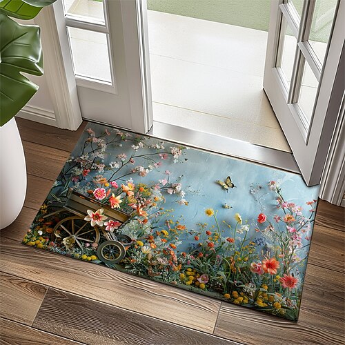 Vintage Blumen Fußmatte Küchenmatte Bodenmatte rutschfester Bereich Teppich ölfester Teppich Indoor Outdoor Matte Schlafzimmer Dekor Badezimmermatte Eingangsbereich Teppich Salbeigrün Image