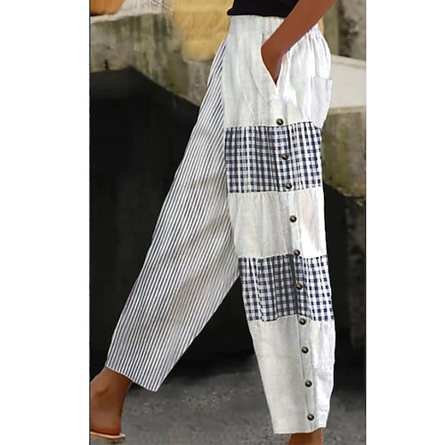 Damen Hose aus Baumwollleinen Hosen Hose Alltagstauglich Volle Länge Blumen Karomuster Kordelzug Seitentaschen Ausschnitt Atmungsaktivität Bequem Unelastisch Ausgehen Wochenende Schwarz Weiß Sommer Image