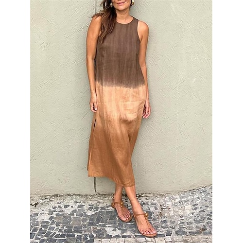 Damen Langes Kleid Maxikleid Maxikleid Kunstbaumwollleinen Shiftkleid Sommerkleid Baumwoll-Sommerkleid Stilvoll Täglich Urlaub Date Normale Passform Ombre Kurzarm Rundhalsausschnitt Blau Purpur Braun Image
