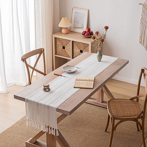 schlichter, einfacher gestreifter Tischläufer mit Fransen und Quaste, 221 cm lang, 35 x 220 cm Image