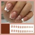 24pcs White French Tip Press On Nails Short Square Fake Nails With White And Golden Line Design Glossy Full Cover Golden Glitter False Nails For Women And Girls